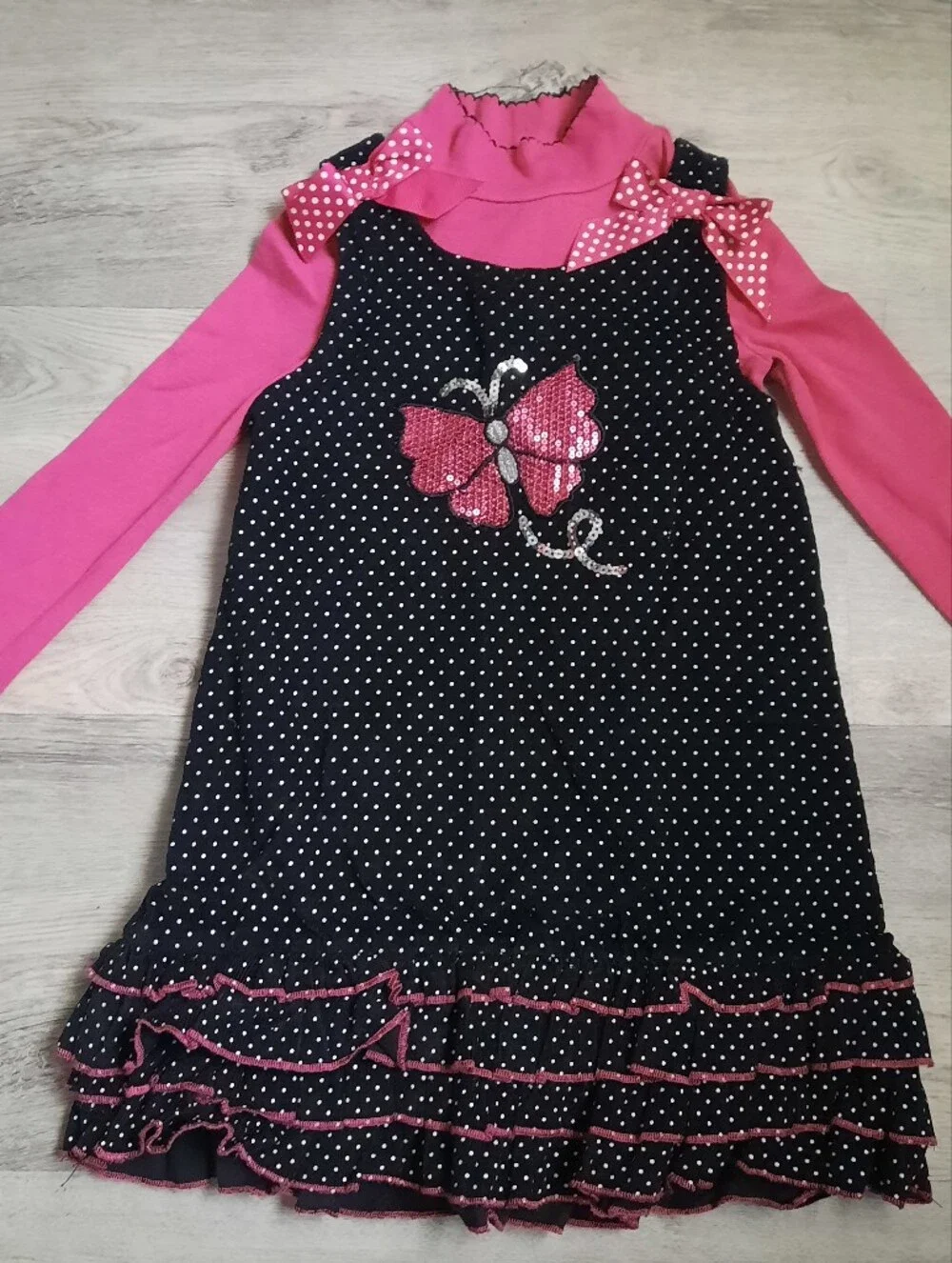 Girls Polka Dot Butterfly Jumper Dress with Pink Long-Sleeve Top